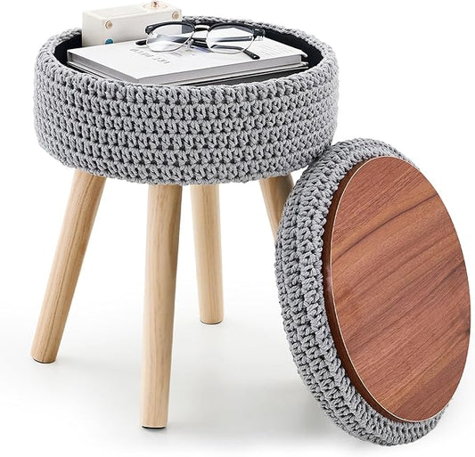 Round Foot Stool Ottoman with Storage Footrest with Wood Legs Cotton Knitted Vanity Stool Tray Top Coffee Table Multifunctional Upholstered Footstool for Living Room Bedroom Grey