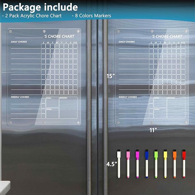 Acrylic Magnetic Chore Chart for 2 Kids, Clear Chores Chart for Fridge Refrigerator, Weekly Dry Erase Board for Multiple Kids Teens Adults, w/ 8 Colors Markers, 15"x11"