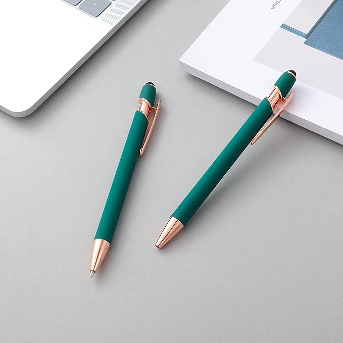 12 PCS 2 in 1 Stylus Ballpoint Pen with Stylus Tip, 1.0 mm Black Ink Metal Pen Stylus Pen for Touch Screens (Rose Gold & Green)