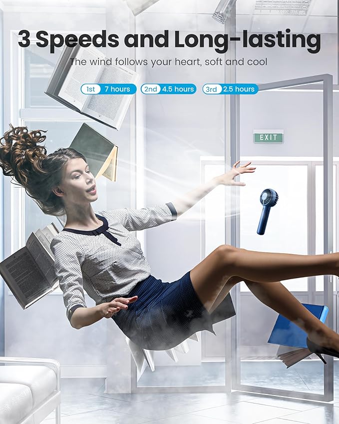 Gaiatop Mini Portable Fan, Navy Blue, Cute Design, Powerful Wind, Handheld and Desktop, Rechargeable Battery