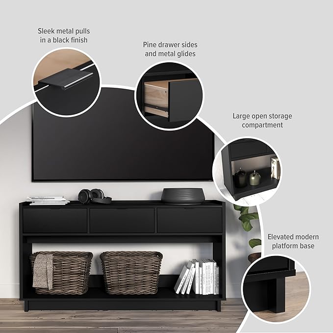 Prepac Black Simply Modern Entryway Table, Narrow Console Table with 3 Drawers, Media Console with Storage, 15.75" D x 60.25" W x 32" H
