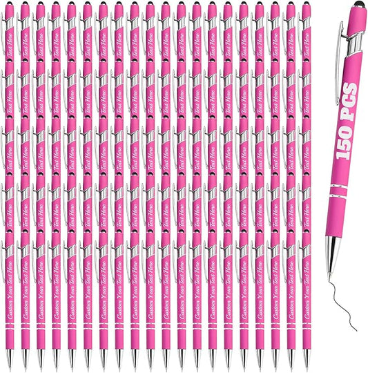 Personalized Pens Bulk 150 with Name Custom Engraving Ballpoint Pens with Stylus Tip Customized Smooth Writing Pens Personalized Gifts for Anniversary Birthday or Graduation(Pink,Black Ink)