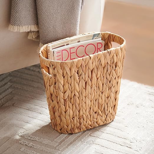 Bathroom Trash Can, Handwoven Wicker Trash Can with Handles for Bedroom, Living Roon, Kitchen, Bathroom and Office, Water Hyacinth Wicker Waste Basket, 1 Pack, 13"L x 7.5"W x 12.2"H, 3.2 Gallon