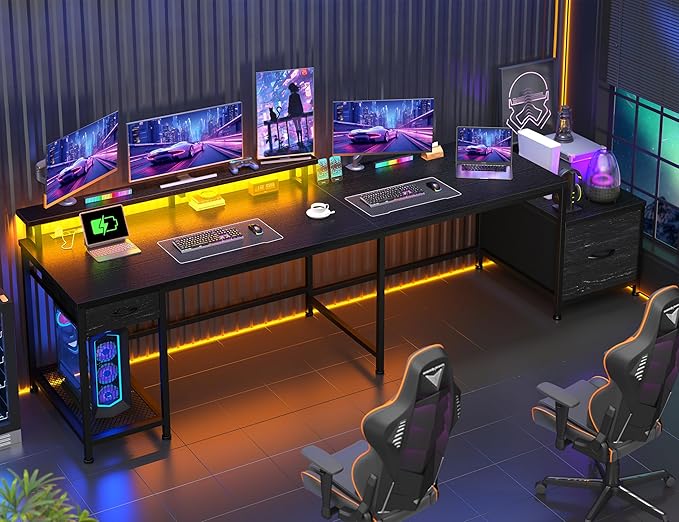 L Shaped Computer Desk with Drawers, Gaming Desk with LED Lights & Monitor Shelf, Office Desks with Power Outlets, Corner Desks for Home Office, Study Room and Bedroom, Black