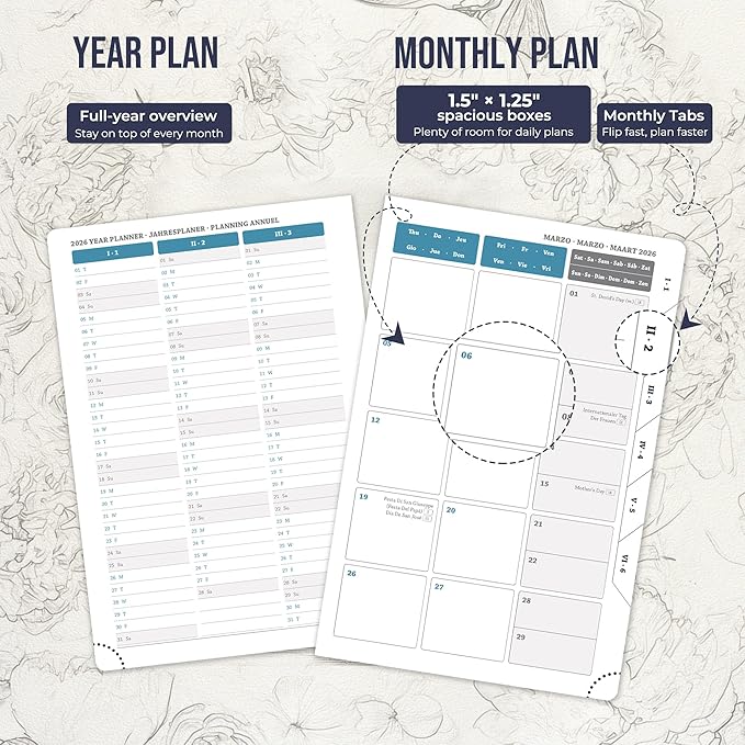 Daily Planner 2026 with One Page Per Day,(A5-8.5" x 5.9"),12 Months Calendar Hourly Appointment Book Monthly Tabs&Self-adhesive Pen Holder,Inner Pocket,3D Designed Flower Cover,Blue