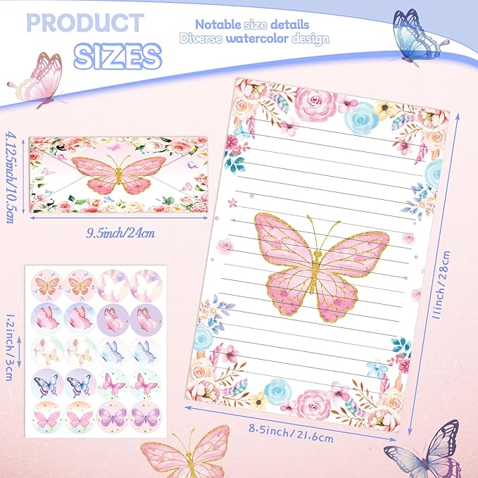 TaoBary 160 Pcs Stationery Paper Set 50 Double Sided Stationery Papers with 50 Matching Envelopes and 60 Round Dot Sticker, 10 Design(Watercolor Butterfly,8.5 x 11 Inch)