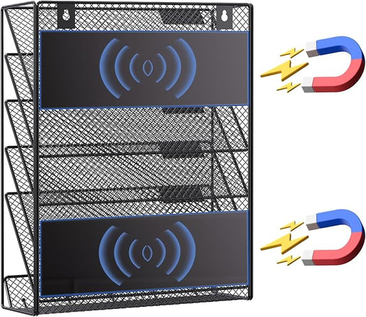samstar Magnetic Wall File Holder, 6-Tier Hanging Wall File Organizer Wall Mount Paper File Folder Mail Organizer for Office/School, Magnetic