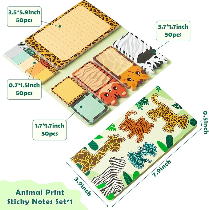 Xqumoi Safari Animal Sticky Notes Set, 550 Sheets, Wild Animal Self-Stick Note Pads Jungle Zoo Animal Writing Memo Pads Page Marker Student Classroom Back to School Office Supplies Small Gift