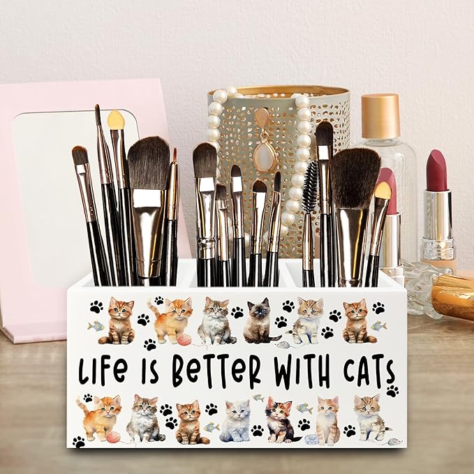 Cat Pen Pencil Holder Organizer for Desk, Cat Lovers Mom Lady Gifts for Women, Life Is Better with Cats Wooden Box Signs Decorations for Home Office Desk Tabletop, Gifts for Pet Lovers