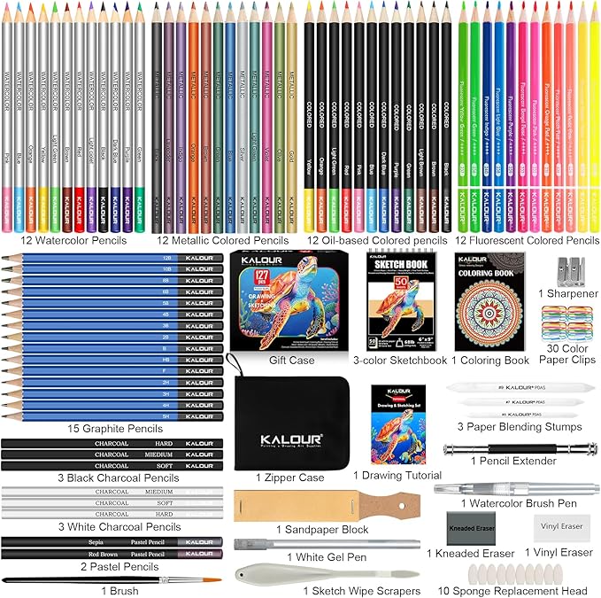 127 Drawing Set Sketching Kit, Pro Art Supplies with 3-Color Sketchbook & Coloring Book, Neon, Colored, Watercolor, Metallic, Graphite, Charcoal Pencils, Gift for Artists Adults Teens