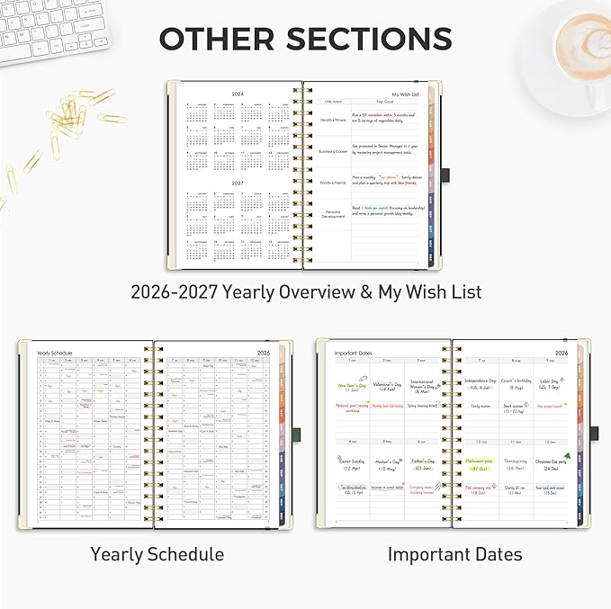 RETTACY 2026 Planner, Weekly and Monthly, Medium Size (5.7" x 8.3"), Jan - Dec 2026, Agenda, Calendar, 12 Month Tabs, Hardcover, 100 GSM Thick Paper, Spiral-bound (Black)