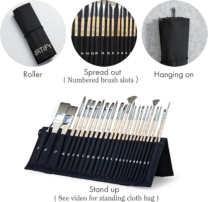 ARTIFY 25-Piece Professional Paint Brush Set – Expert Series Synthetic Nylon Brushes for Acrylic, Oil, Watercolor, Gouache – No Shedding, Canvas Roll Case & Palette Knife, Artist Gifts Art Supplies