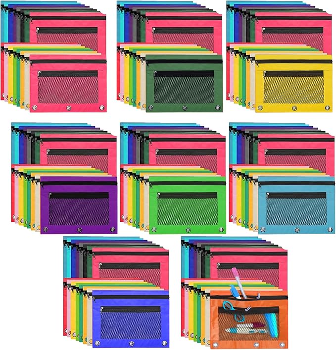 128 Pcs Pencil Pouch for 3 Ring Binder 16 Colors Zippered Pencil Pouch Bags Bulk Binder Pencil Case with Clear Window for Classroom, School, and Office Use