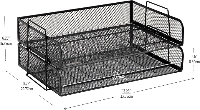 Mind Reader Stackable Paper Tray, Desktop Organizer, File Storage, Office, Metal Mesh, 13.25" L x 9.75" W x 6.25" H, 2 Pcs., Black