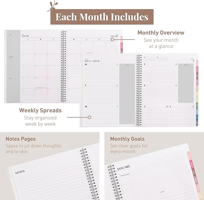 Rileys 2026 Planner, Agenda Planner With Weekly And Monthly View, Daily Agenda Book And Yearly Planners Calendar Book, Spiral Bound With Tabs, Notes, Goals And Holidays (Black, 8.5 x 11 in)