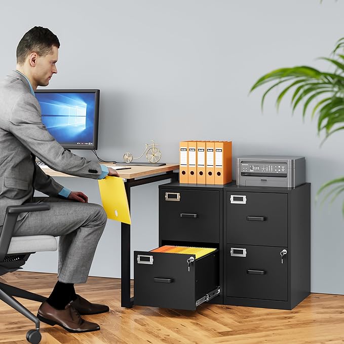 SISESOL 2 Drawer File Cabinet with Lock,Narrow Vertical Filing Cabinet,Under Desk File Cabinets,Black Metal File Cabinets for Home Office,Fit Letter/A4/Legal Size File,Easy Assembly