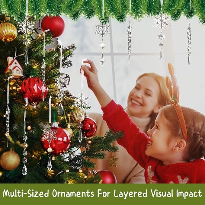 Christmas Tree Decoration Crystal Ornaments - 32pcs Acrylic Christmas Ornaments Snowflake Icicle Drop Crystal Hanging Ornaments for Xmas Tree Winter Holiday Frozen Party Decorations