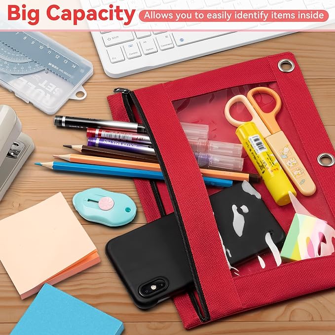 V-Opitos 72 Packs Pencil Pouch for 3 Ring Binder, Bulk 3-Holes Zipper Pencil Pouches in Assorted Colors, Sturdy and Durable Cloth Pencil Case with Clear Window for Office School College Supplies