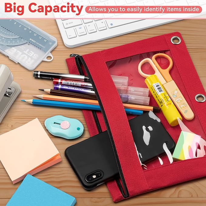 V-Opitos Pencil Pouch for 3 Ring Binder, Bulk 102 Pack 3-Holes Zipper Pencil Pouches in Assorted Colors, Sturdy and Durable Cloth Pencil Holder with Clear Window for Office School College Supplies