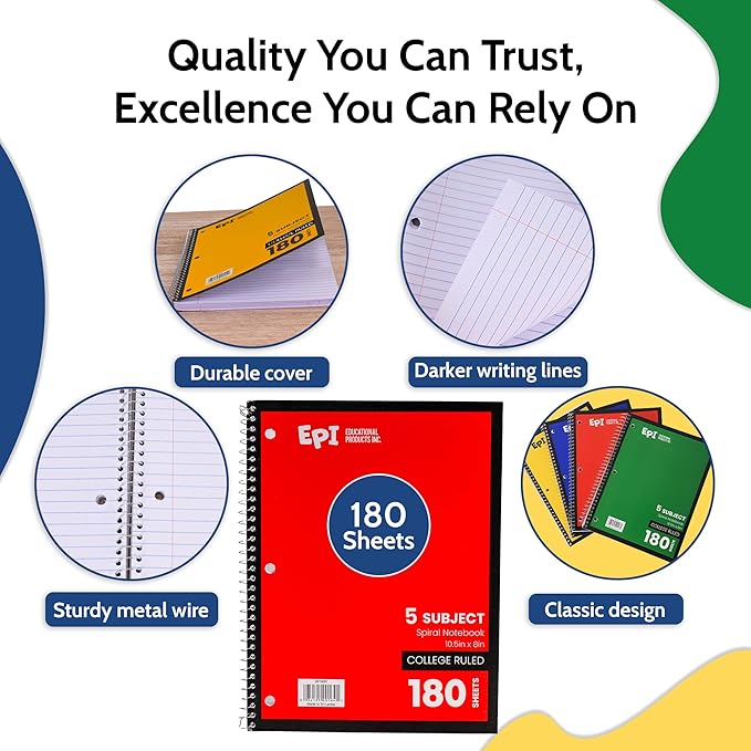 EPI Spiral Notebook | 5 Subject - College Ruled - 180 Sheets, Durable Spiral Binding | 10.5 x 8 in | Classroom Supplies | School, Office, Note Taking, Journaling - 6 Pack