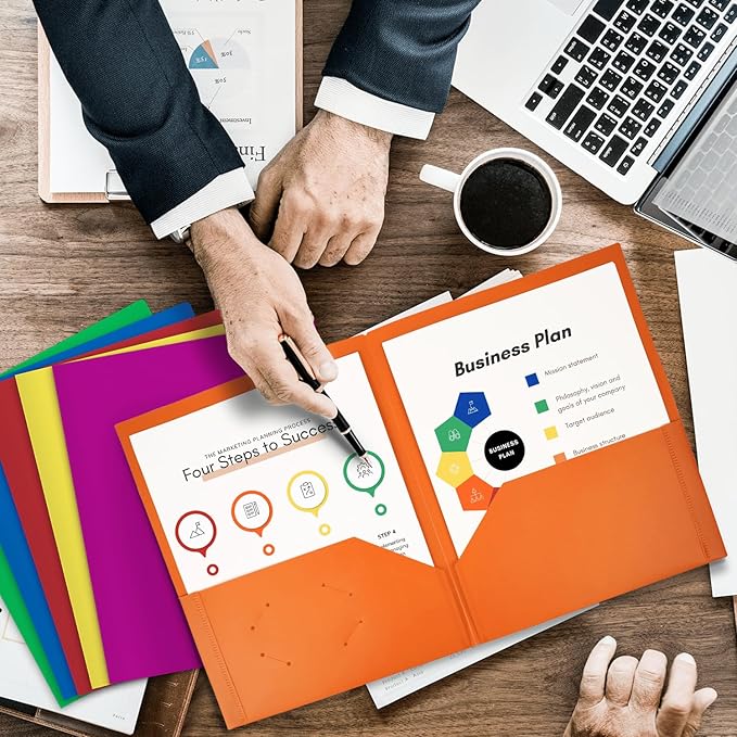 Dunwell Plastic 2-Pocket Folders (24 Pack, Assorted Colors), 8.5x11 Document Folders for School and Office, Heavy Duty Poly, Long Lasting, Includes Labels