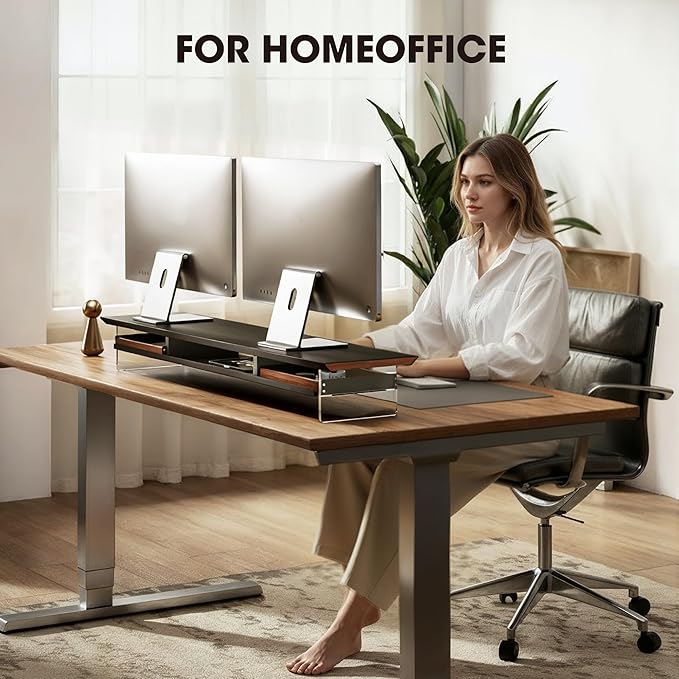 Fenge Acrylic Monitor Stand, 2 Tier Dual Monitor Riser with Solid Wood Drawers, 42.5 Inch Computer Stand for Two 27 Inch Monitors, Desk Shelf for PC, Laptop, Printer, TV, Black