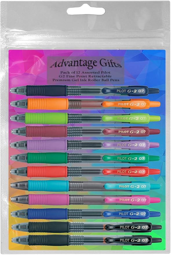 G2 Retractable Premium Gel Ink Roller Ball Pens Fine Point Fine Point (.7mm) Assorted Ink 12-pk; Refillable & Premium Comfort Grip Bundle with Plastic Reusable Pouch