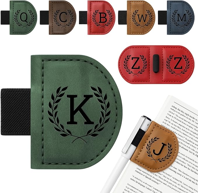 Personalized Bygone Mark Bookmark with Pen Holder,Engraving Leather Magnetic Bookmarks Vintage 26 Letters Name Initials Text Book Marker Clips Gifts for Reading Book Lovers Women (Green, K)
