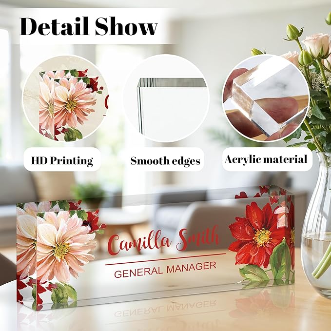 Ship Next Day Personalized Name Plate for Desk, Custom Acrylic Desk Name Sign, Office Appreciation Gifts for Women Men Coworkers Boss Teacher Employee (Flower-Lotus)