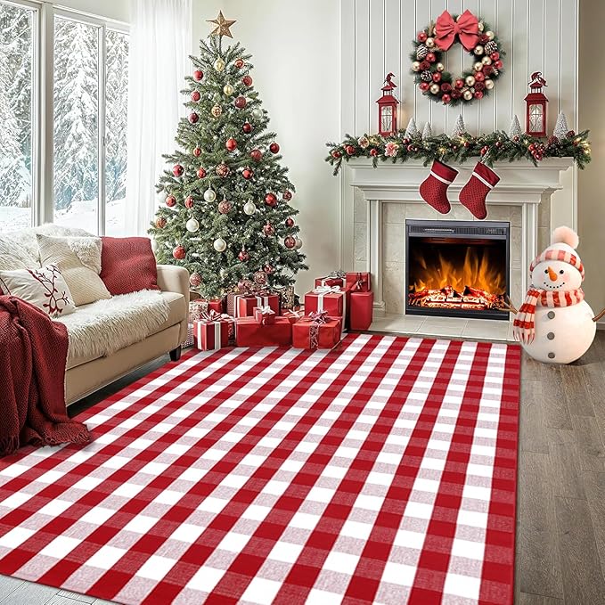 Christmas Red and White Plaid Rug 8x10 ft, Extra Large Cotton Hand-Woven Buffalo Check Area Rug for Living Room, Bedroom, Patio, Christmas Holiday Farmhouse Decor, Washable Outdoor Indoor Carpet