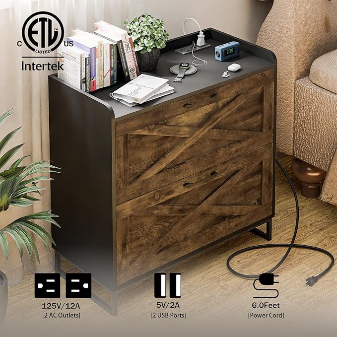 Lateral File Cabinet 2 Drawers File Cabinet with Charging Station, Modern Farmhouse Large Wood Home Office Furniture, Rustic Brown and Black