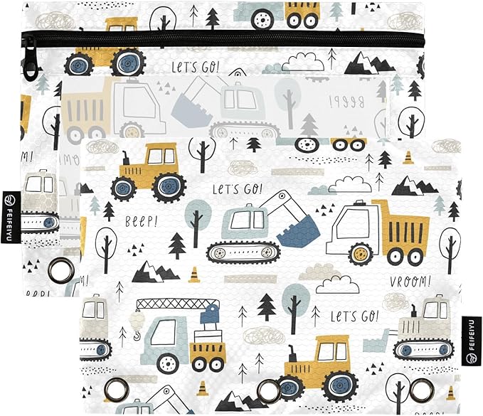 Cute Cars Truck Tractor Pencil Pouch for 3 Ring Binder, 2 Pack Waterproof Pencil Bags Clear Window Zipper School Office Supplies