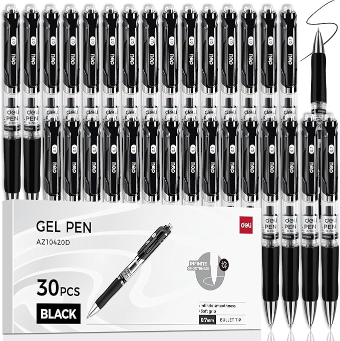 deli Gel Pens, 30 Pcs Retractable Pens Black Ink, Medium Point Pen Bulk 0.7mm, Smooth Writing, Fast Dry, No Bleed for Journaling Note Taking, Home School Office Supplies