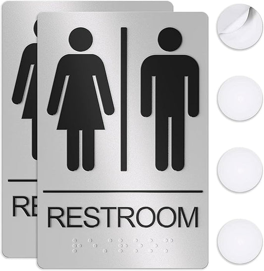 Unisex Bathroom Signs, Restroom Sign For Business - For Men and Women - 2 Pack - 9" by 6" - ADA Compliant with Braille - Strong Double-Sided Adhesives Included - Apply to Office, Home, Public Door/Wall