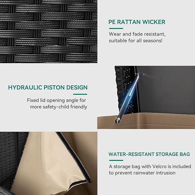 YITAHOME 200 Gallon Large Wicker Deck Box w/Storage Net, Rattan XL Outdoor Storage Box Patio Cushion Storage, Waterproof Storage Box for Patio Furniture, Garden Tools, Pool Sports Equipment (Black)