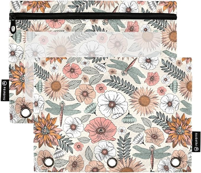 ALAZA Pencil Pouch for 3 Ring Binder, Boho Flowers and Dragonflies Binder Pencil Pouches with Clear Window Zipper Pencil Case Cosmetic Bags for Office College Supplies, 2PCS