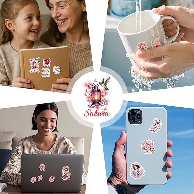 105 PCS Cherry Blossom Stickers Pack, Sakura Floral Pink Vinyl Waterproof Decals, Flower Laptop Water Bottle Scrapbook Sticker Gift for Kids Teens Adults Birthday Christmas
