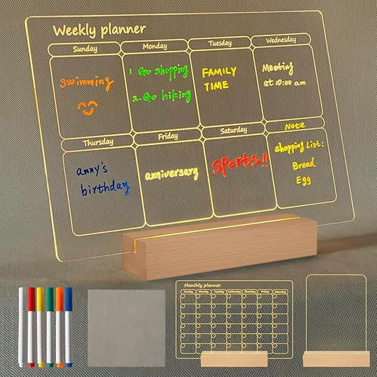 Acryic Dry Erase Board with Light, Wooden Stand Up for Desk, 11.8”x7.9”, Clear Monthly/Weekly Calendar and Led Note Board with Colors, Room/Store/Office/Festival/Gift, 6 Markers