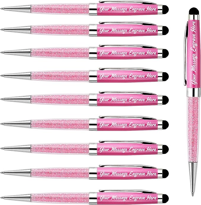 Ancolo Personalized Crystal Pens with Stylus Tip, Office Writing Set- Engraved with Your Message Name Company Team Name, Gift for Women Girl 10 Pens/Box (Pink)