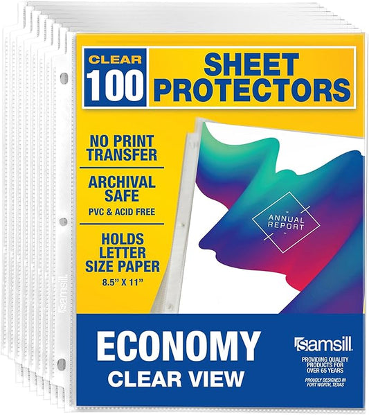 Samsill 100 Pack Sheet Protectors, 8.5x11 Inch Page Protectors for 3 Ring Binder, Standard Weight, Clear Protector, Letter Size, Top Loading, Acid Free