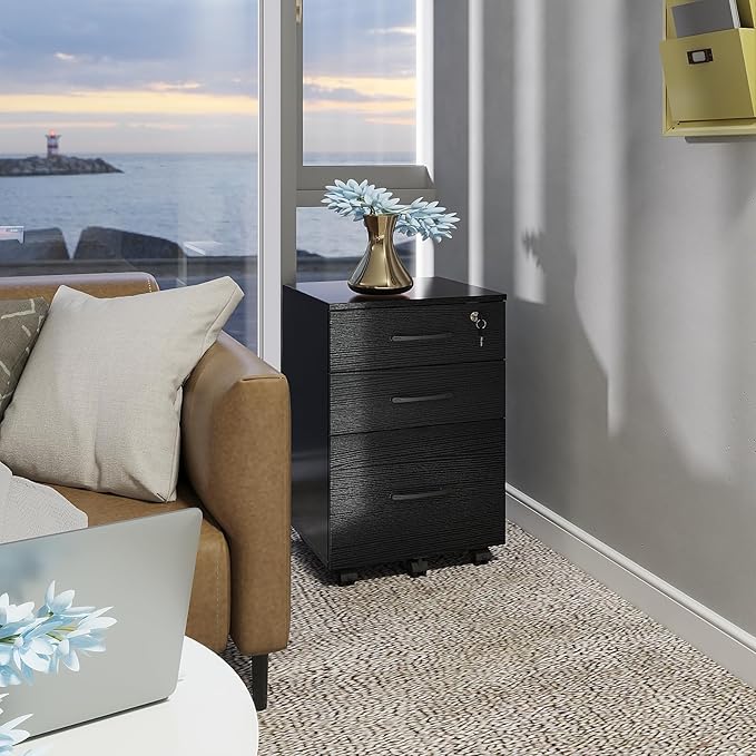 File Cabinet with Lock,3 Drawer Wood Rolling Filing Cabinets Under Desk for Home Office, Office Storage Cabinet fits Letter/A4 Size,Mobile Filing Cabinet Printer Stand,Black