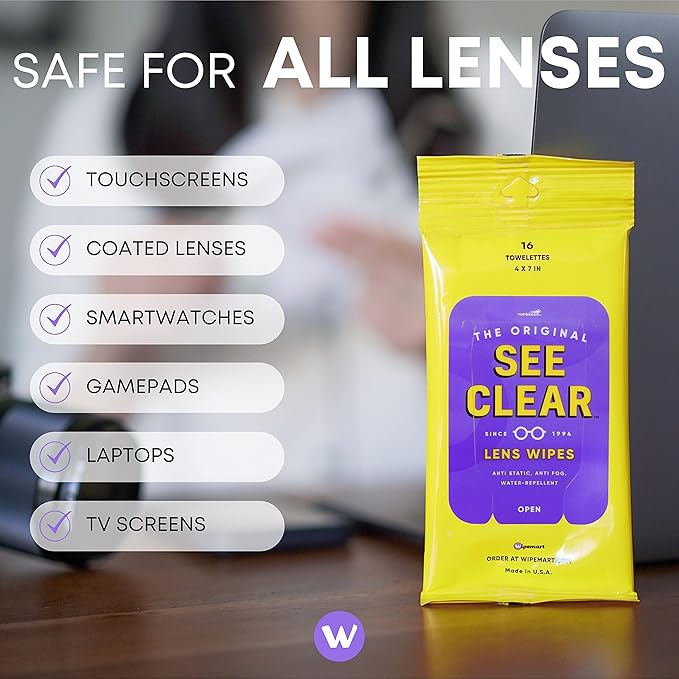 See Clear Original Lens Cleaning Wipes - Pre-Moistened Eyeglass & Screen Cleaning Cloth Towelettes - Streak Free, Scratch Free Lens & Electronic Screen Cleaner - 12 Resealable Packs of 16 (192 Wipes)