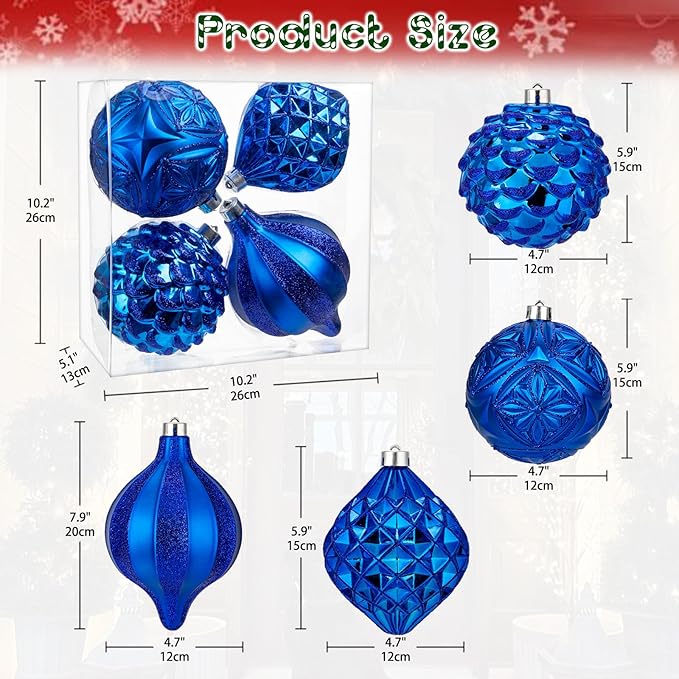 Hollyone 4.7 Inch Large Blue Christmas Ornaments 4Pcs Balls Ornaments Shatterproof Christmas Hanging Ornaments for Xmas Tree Decor with Hook for Wedding Holiday Party Wreath Home Decor (Blue, 120mm)