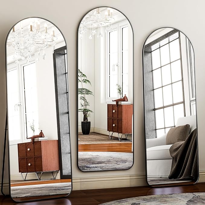 HARRITPURE Arched Full Length Mirror - 64" x 21" Large Floor Mirror Aluminum Frame Dressing Mirror with Stand for Bedroom/Living Room Wall Mounted, Black