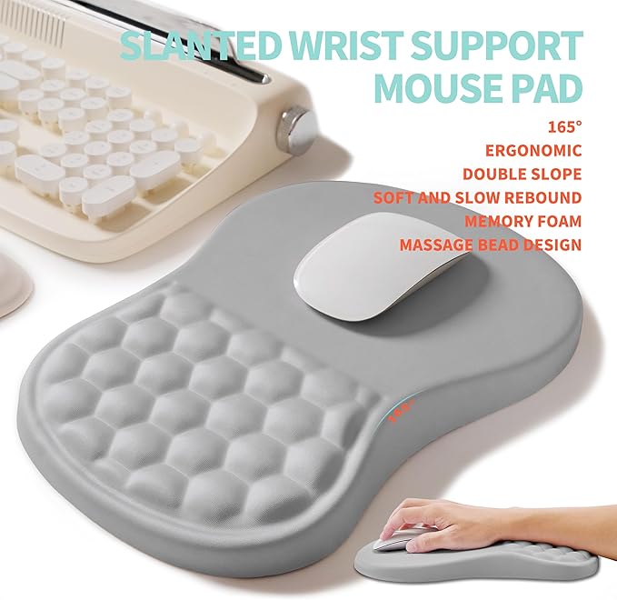 2-in-1 Ergonomic Set, Wave Rise Keyboard Wrist Rest and Massage Bulge Slope Mouse Pad Wrist Support, Cushion Memory Foam Integrated to Relieve Wrist Pain, Silver Gray