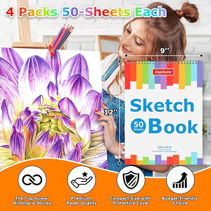 9" x 12" Sketch Book, 4-Pack 50 Sheets Spiral Bound Art Sketchbook, Acid Free Artist Drawing Paper Pad for Kids Adults, Party Art Supplies, Ideal Gifts for 8 9 10 11 12 13 14 Year Old Girl