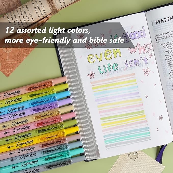 WRITECH Retractable Bible Highlighters Assorted: Pastel Colors No Bleed Aesthetic Marker Pen Chisel Tip, 12 Pack