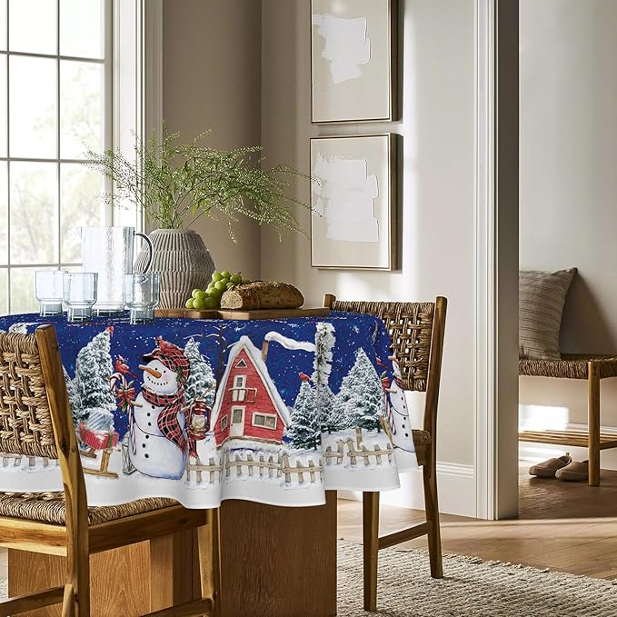 Horaldaily Christmas Tablecloth 70×70 Inch Round, Winter Snowman House Christmas Trees Blue Washable Table Cover for Party Picnic Dinner Decor