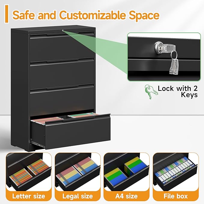 4 Drawer Lateral File Cabinets with Lock,Metal Filing Cabinet for Home Office,Wide Office Storage Cabinet with Hanging Bars for A4 Legal/Letter Size(Easy Assembly)