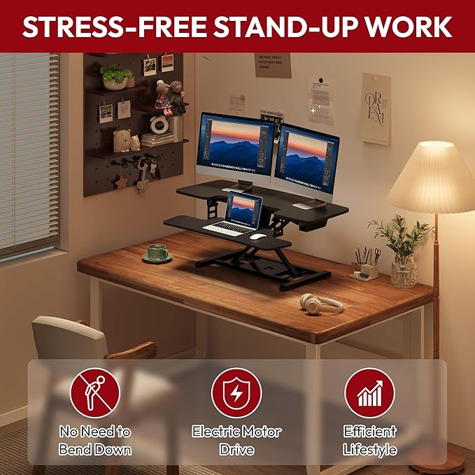 SANODESK 42" Electric Standing Desk Converter, Height Adjustable Riser for Office Home,Dual Monitor and Laptop Workstation with Large Keyboard Tray,Black Color